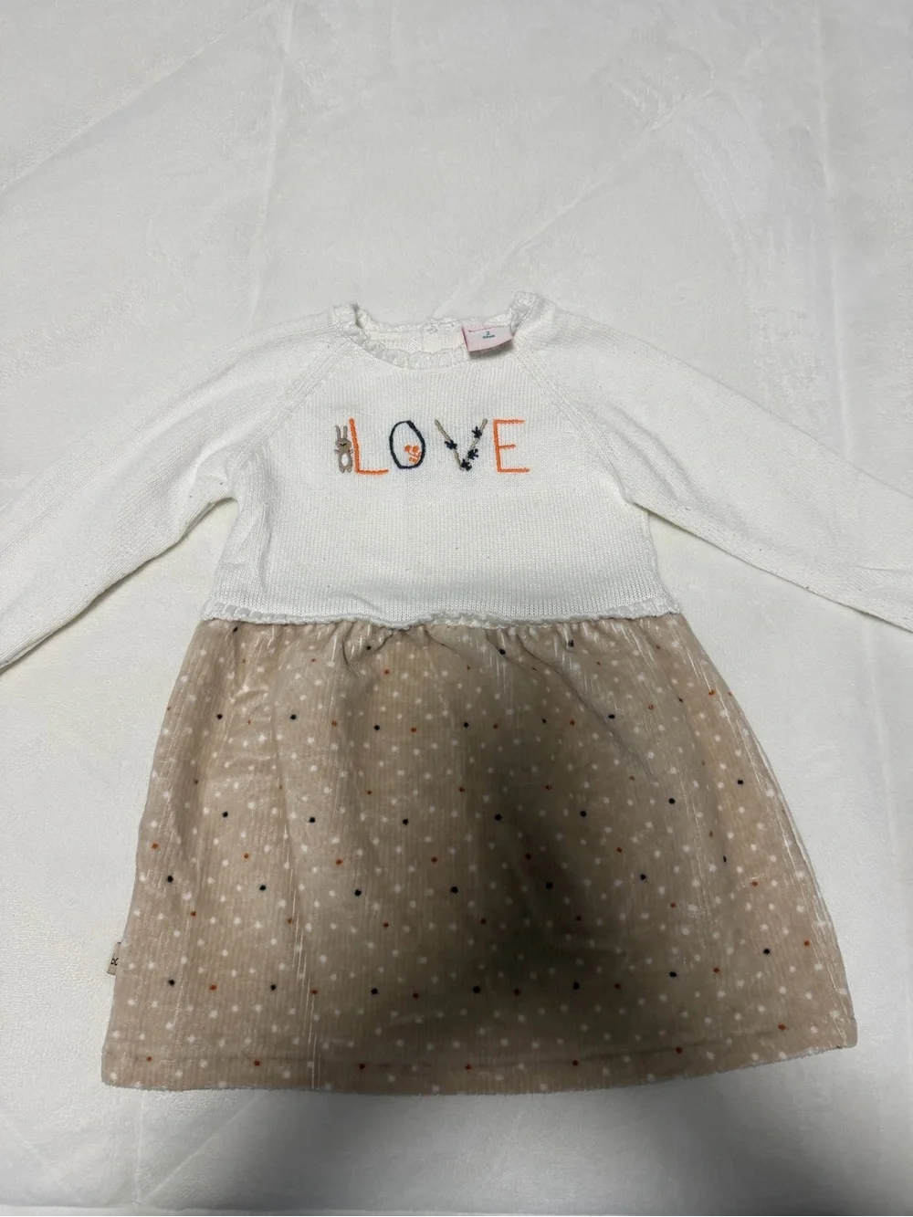 Girls' White Knit Top with Beige Polka Dot Skirt - LOVE Embroidered